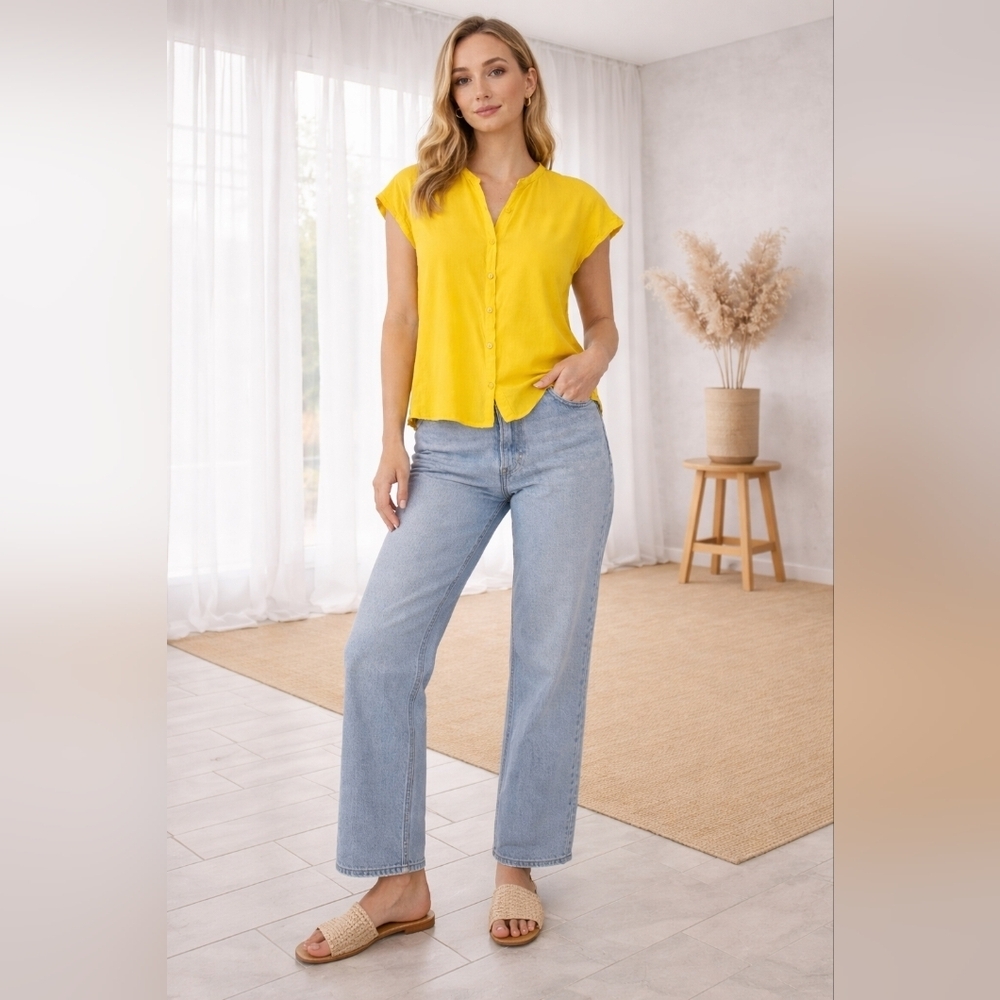 Eileen Fisher Yellow 100% Irish Linen Short Sleeve Button Down Blouse Sz PM